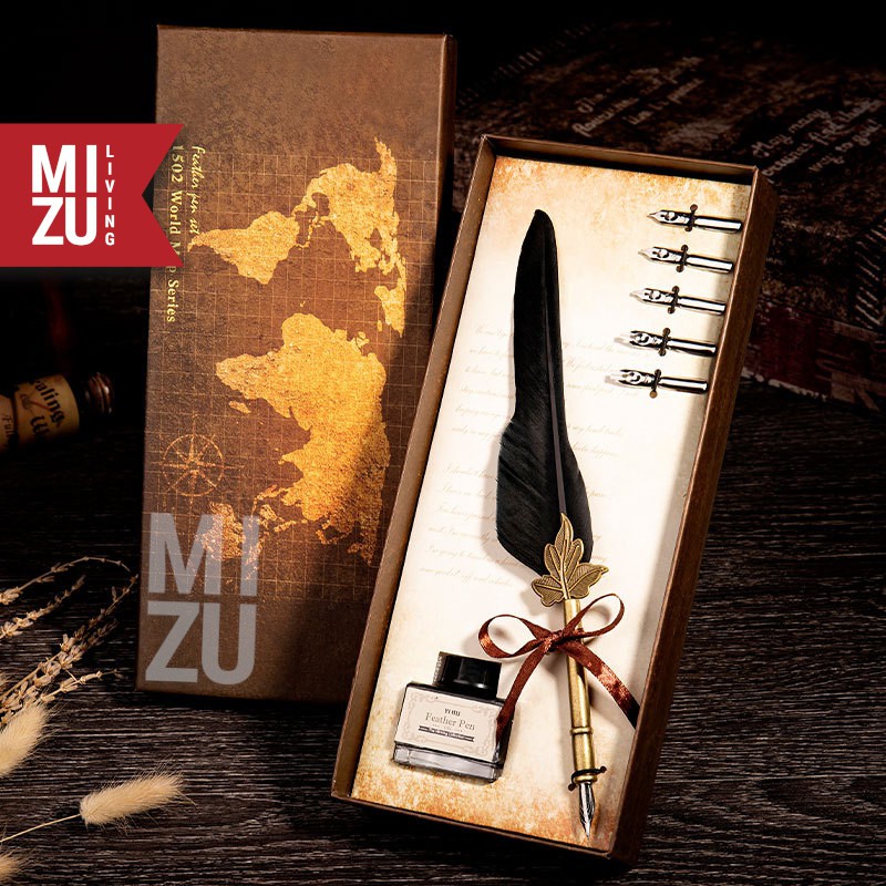 MIZU HANEPEN Calligraphy Set Kaligrafi Feather Quill Dip Pen Bulu 6 Steel Nibs 1 Ink Tinta