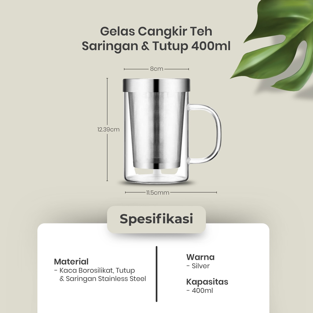 GELAS CANGKIR TEH KACA 400ML SARINGAN DAN TUTUP STAINLESS STEEL