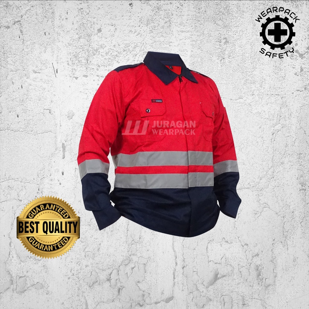 Wearpack Kerja Atasan / Baju Wearpack Safety Merah Kombinasi Biru Navy