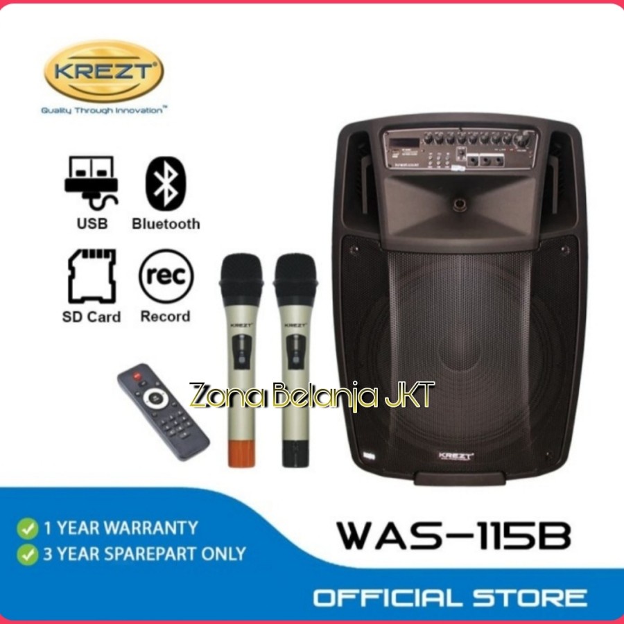 Portable Wireless Speaker Aktif 15 Inch KREZT WAS 115B ( 2 Mic ) Original