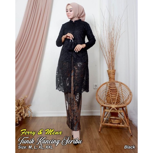 Real pick set kebaya kancing depan ibu besan / Kebaya Jumbo / Kebaya brokat jumbo Ld 120 / Kebaya Tunik sanghay /Kebaya brokat murah / Kebaya tradisional / Kebaya brokat termurah / kebaya ibu hajat-SET HITAM