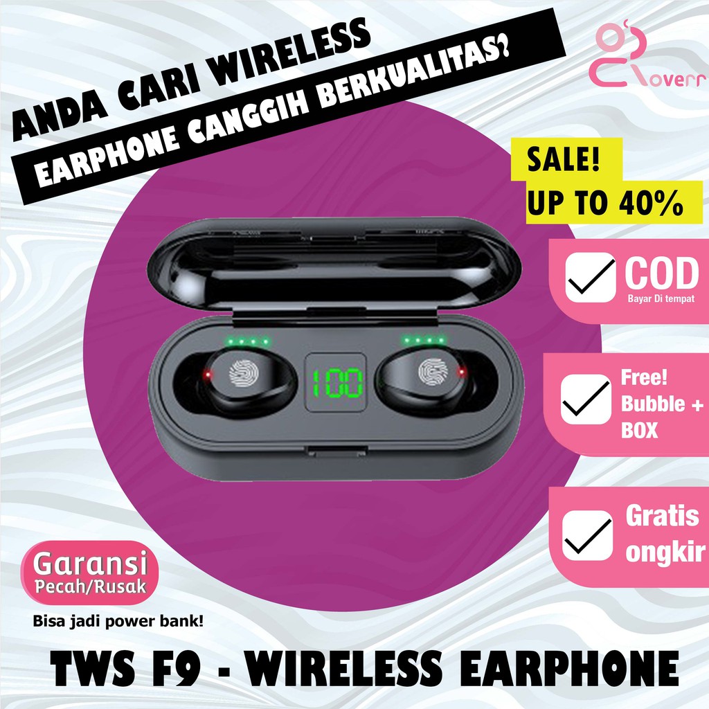 Earphone Headset Bluetooth TWS F9 Waterproof True Wireless Sport LED Touch Sensor Original TWS2