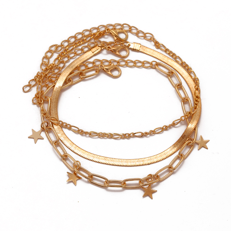 Set Gelang Multilayer Desain Bulan Bintang Kerang Gaya Vintage 17km Warna Emas Untuk Wanita-14