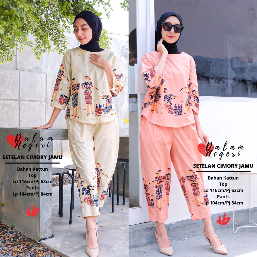 PREMIUM Setelan Cimory Jamu Batik Katun Polos Putih Gading Karakter Set Celana Murah Wanita O - Neck Lengan 7/8