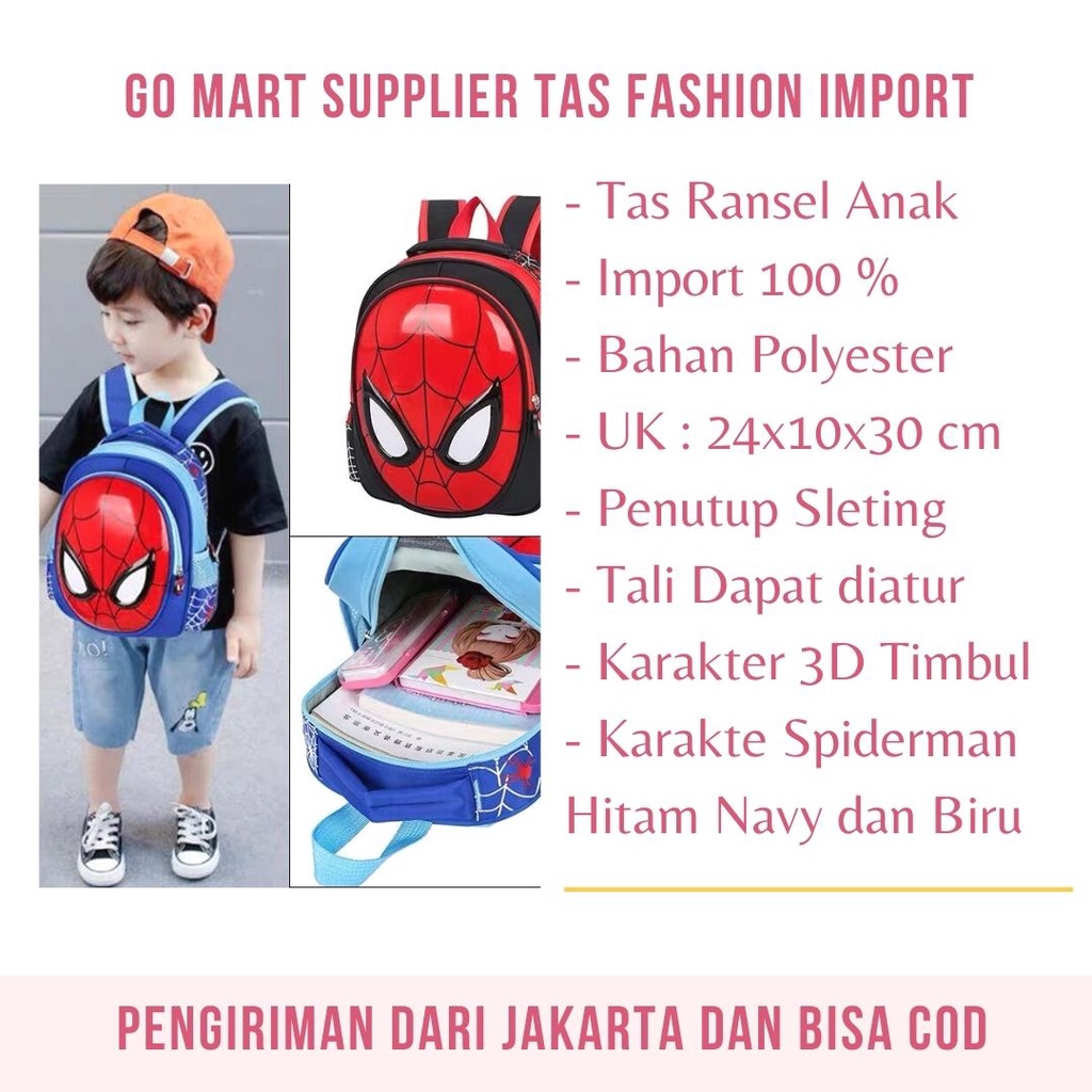 Tas Anak Sekolah Karakter Spiderman 3D Import - Tas Ransel Anak Spiderman - Tas Sekolah Anak Laki Laki Import Premium High Quality Terbaru -  Ransel Anak Sekolah SD dan TK [BK18]