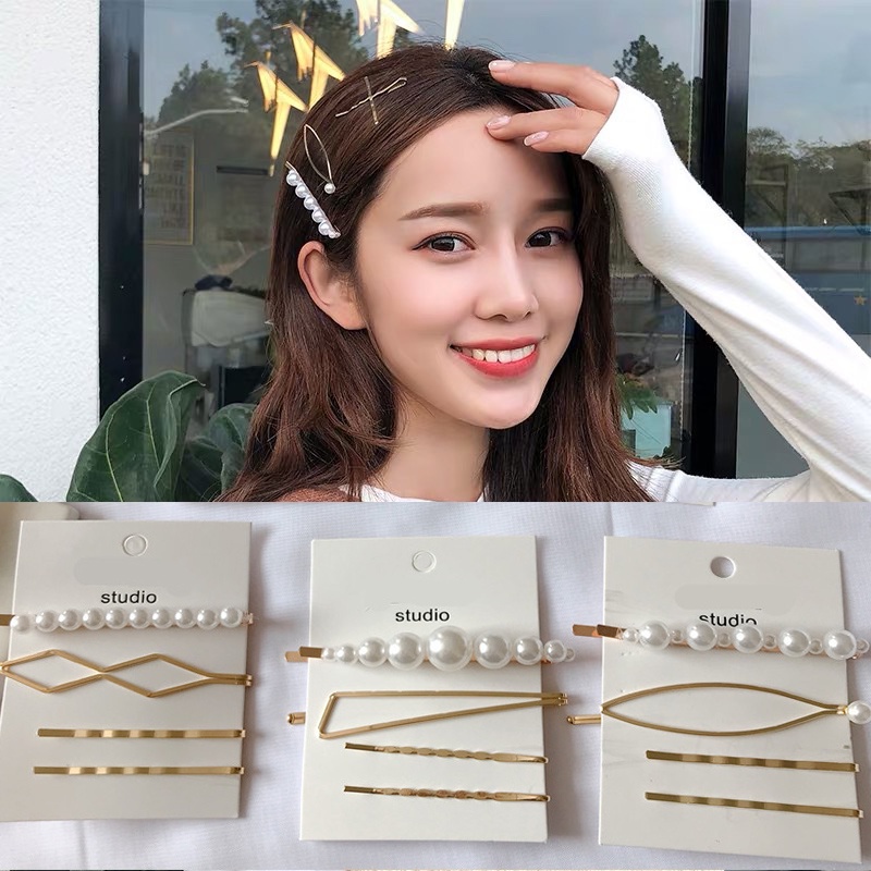 4pcs / set Jepit Rambut Poni Aksen Mutiara Gaya Korea Untuk Aksesoris Perempuan