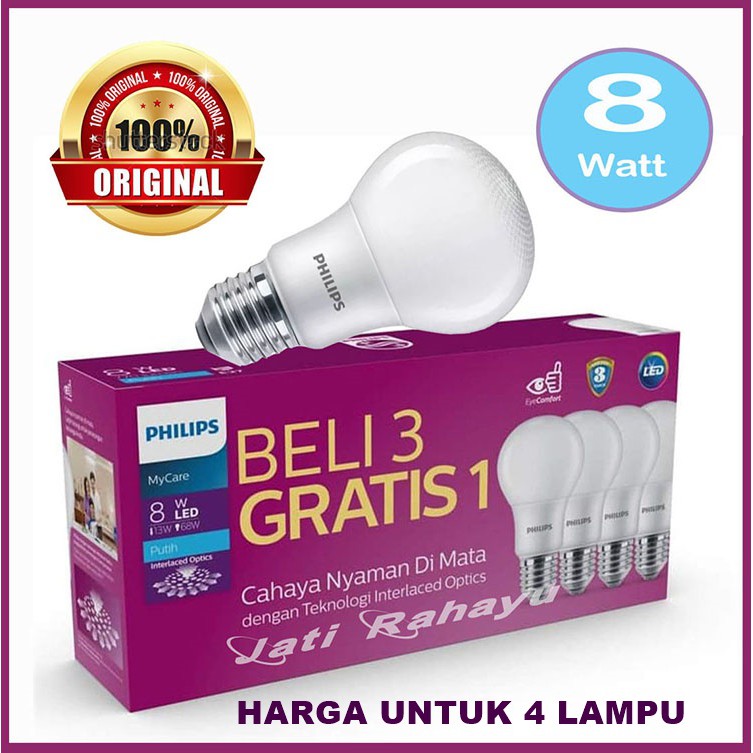 PHILIPS Lampu Led Paket (Beli 3 Gratis 1) 8W 8 Watt PUTIH