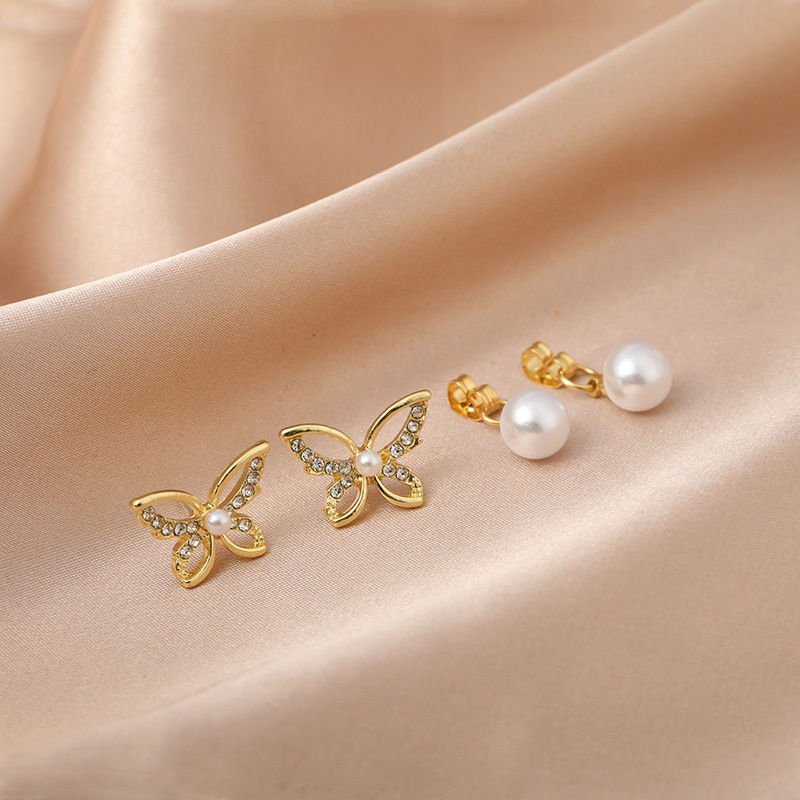 Sterling silver jarum gaya Korea Pearl butterfly sederhana anting-anting baru anggun online influenc