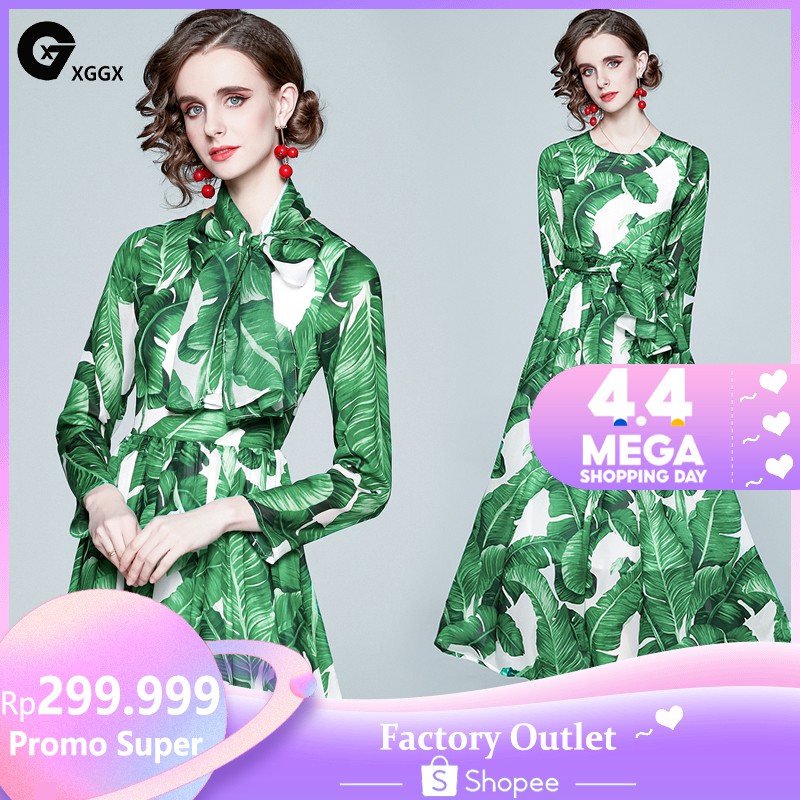 【Hijab Gratis】Gamis Dress Wanita Muslim Vintage Hijau Chiffion Casual Floral Party Dress Baju Wanita