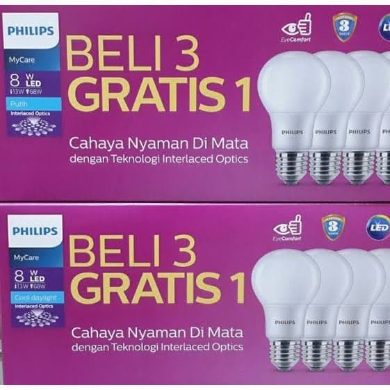 Philips Lampu LED 8Watt Bohlam Philip  8Watt Paket Isi 4 MultiPack