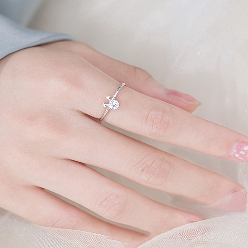 Cincin Open Ring Adjustable Desain Kristal Elk Warna Silver untuk Wanita