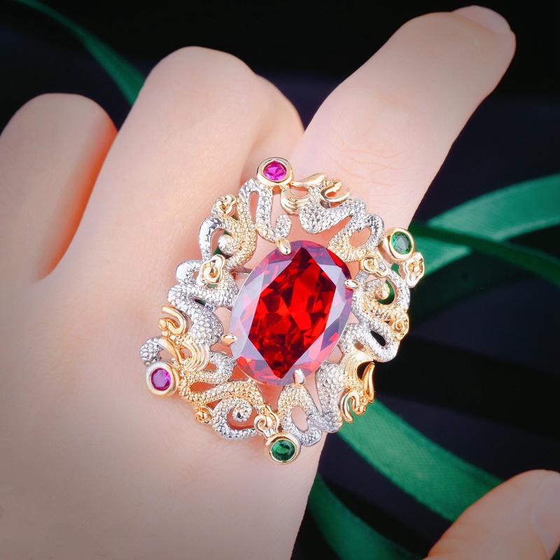 Cincin Geometris Bentuk Oval Kubik Zirkonia Warna Merah Gaya Vintage Klasik Untuk Wanita