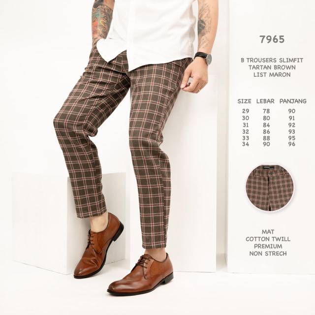 Jual CELANA SLIMFIT PRIA TARTAN BROWN MAROON CELANA KOTAK KOTAK PRIA