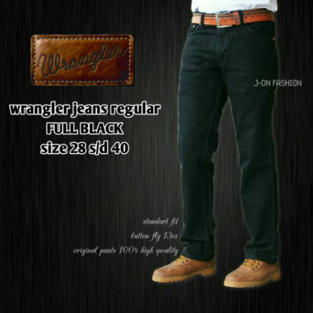 FULL BLACK JEANS STANDART PRIA, NON STRETCH JEANS WRANGLER ORIGINAL REGULAR FIT, CELANA PANJANG