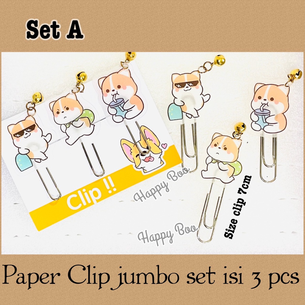 Paper clip jumbo 7cm set 3 pcs doggy lonceng shiba inu lucu cute penjepit klip kertas pembatas buku