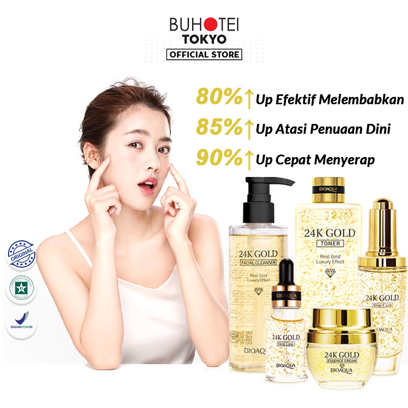 BUHOTEI BIOAQUA 24K Gold Skin Care Whitening Skincare Paket Lengkap Toner Serum Essence Cream Moisturizer Facial Cleanser BPOM dan HALAL Serum Pemutih Wajah Mencerahkan Memutihkan Melembabkan Regenerasi Kulitmu