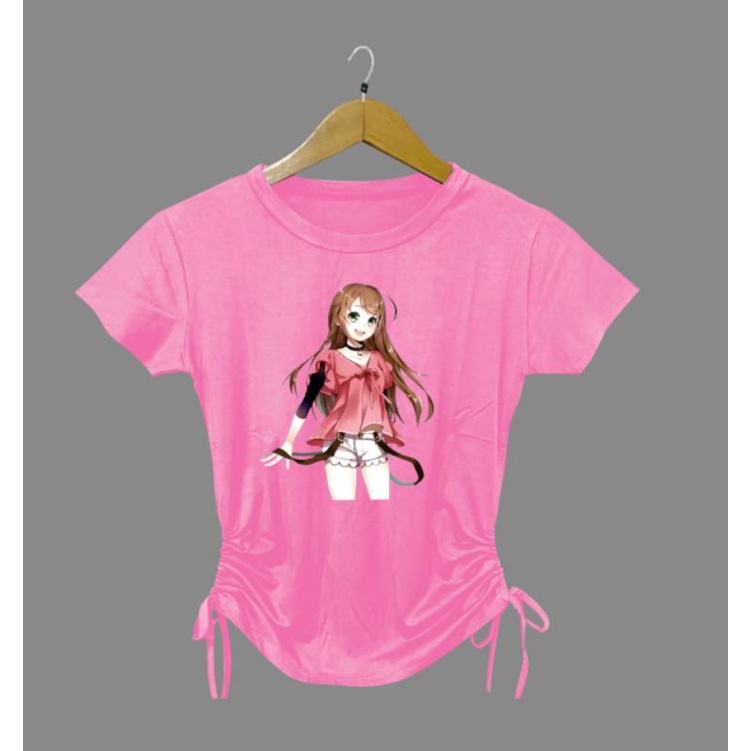 kaos oblong wanita kanan kiri jahit serut gambar anime/tali lengan pendek/bisa COD