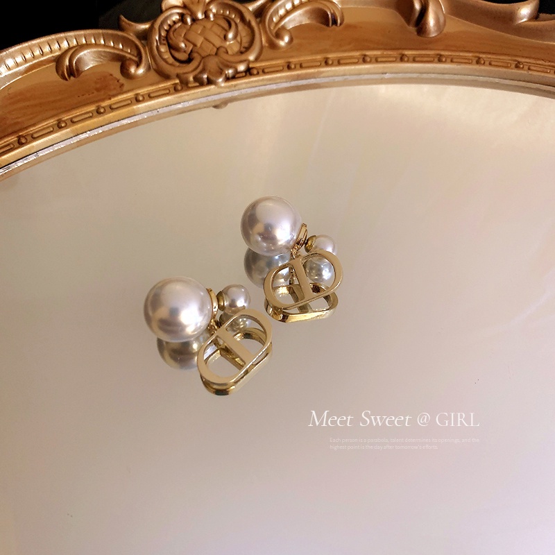 Anting Stud Mutiara Besar Double Ring Warna Emas Untuk Wanita