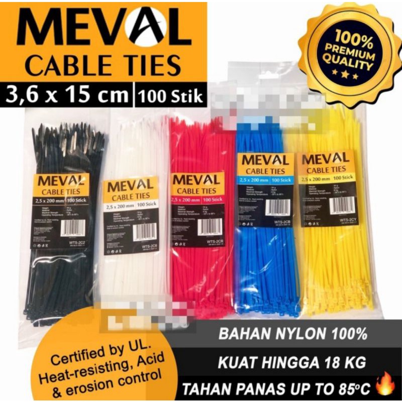 

MEVAL KABEL TIES NYLON NILON 3.6 X 150 MM 15CM TEBAL ISI 100PCS MERAH BIRU KUNING PUTIH HITAM WARNA WARNI