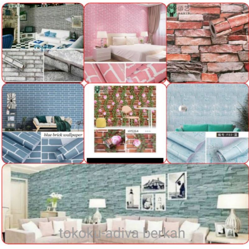 Wallpaper Stiker Dinding Motif Batu Bata Merah Abu-abu Coklat Tua Biru Pink Hitam Unik Classic Harga