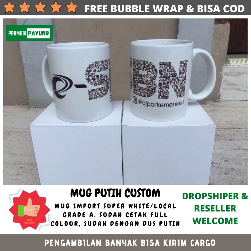 Mug putih coating cetak Custom logo nama TANPA PREORDER free dus FREE BUBBLE WRAP kado souvenir