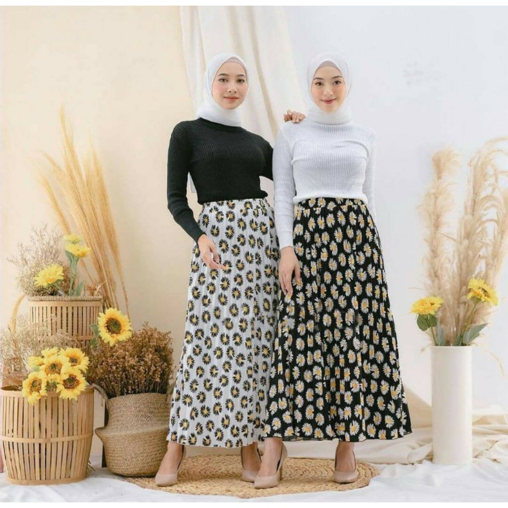 (BISA COD) Rok plisket motif bunga panjang  premium tebal bawahan Wanita remaja jumbo polos muslim i
