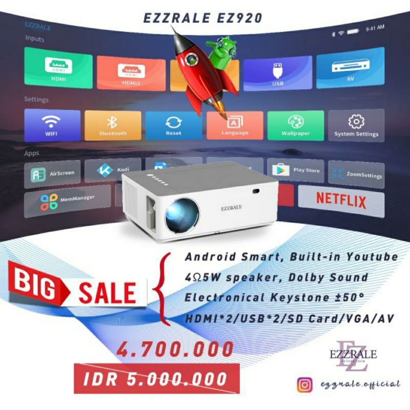 Projector EZZRALE Projector Smart Android ez920 5000 lumens