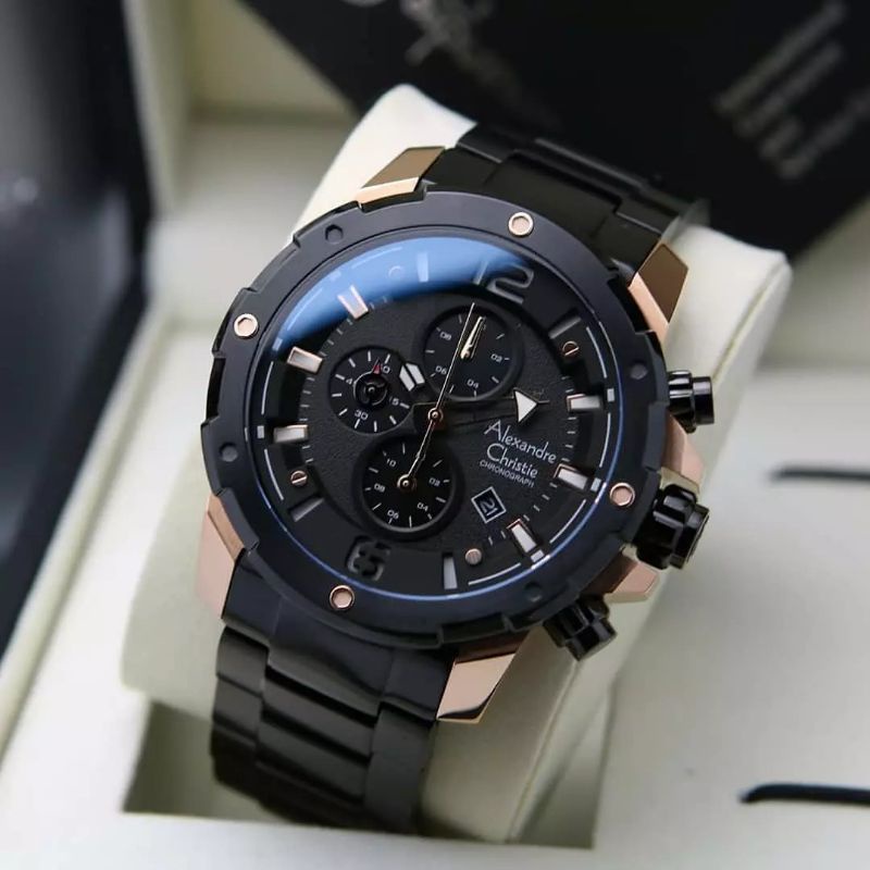 Jam Tangan Alexandre Christie AC 6410 Pria / AC6410 M Rantai Black Rose Gold Original