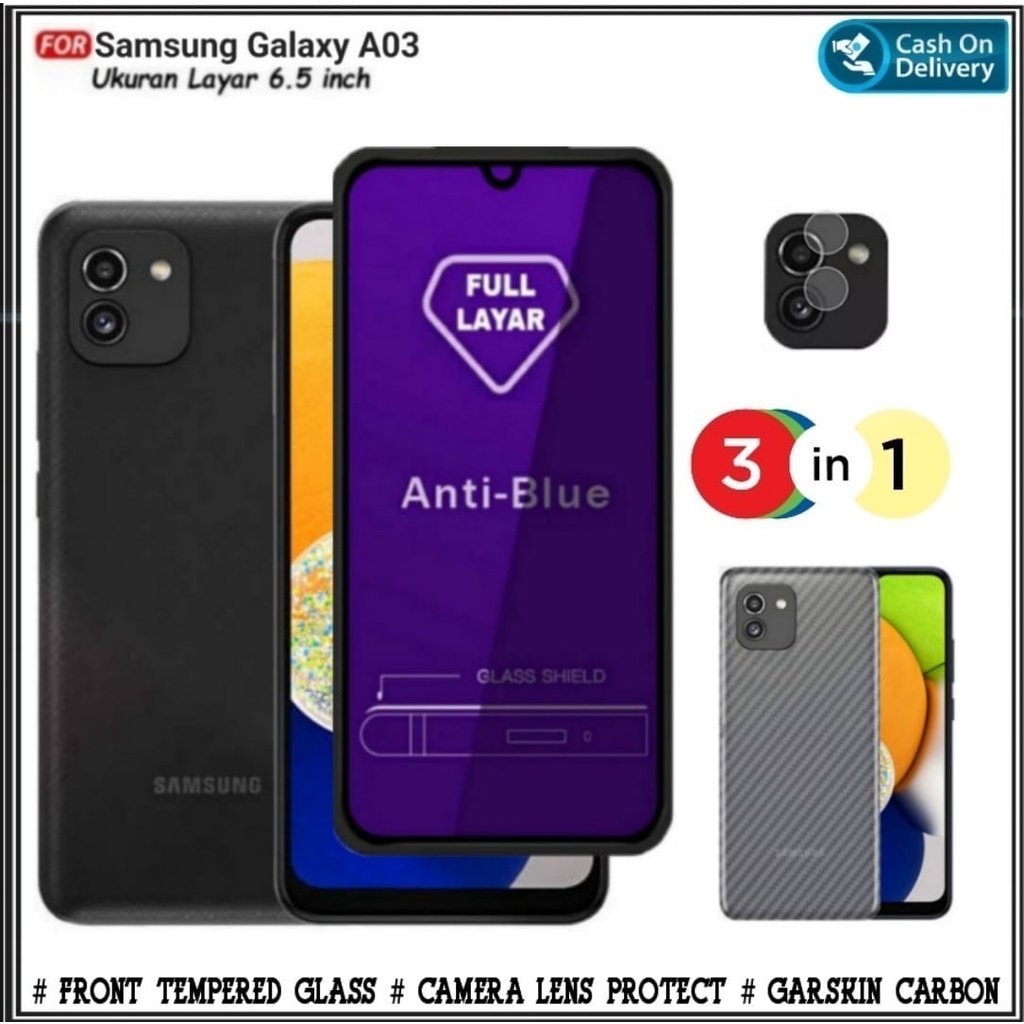 PAKET 3IN1 Tempered Glass Anti Blue Light Samsung A03 , A03 CORE + Camera &amp; Garskin DI ROMAN ACC