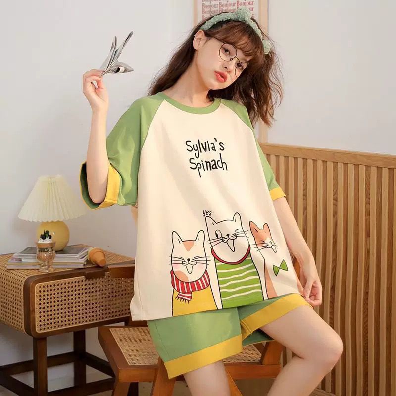 Ven 101- Setelan piyama lengan pendek import motif lucu/impor korea/baju tidur katun bahan lembut-102- Spinach