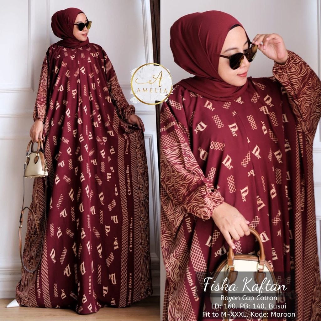 Kaftan Wanita Jumbo XXXXL- Vinsa Kaftan Motif Branded FF Lengan Panjang Busui Resleting Gamis Rayon Jumbo Kaftan Terbaru