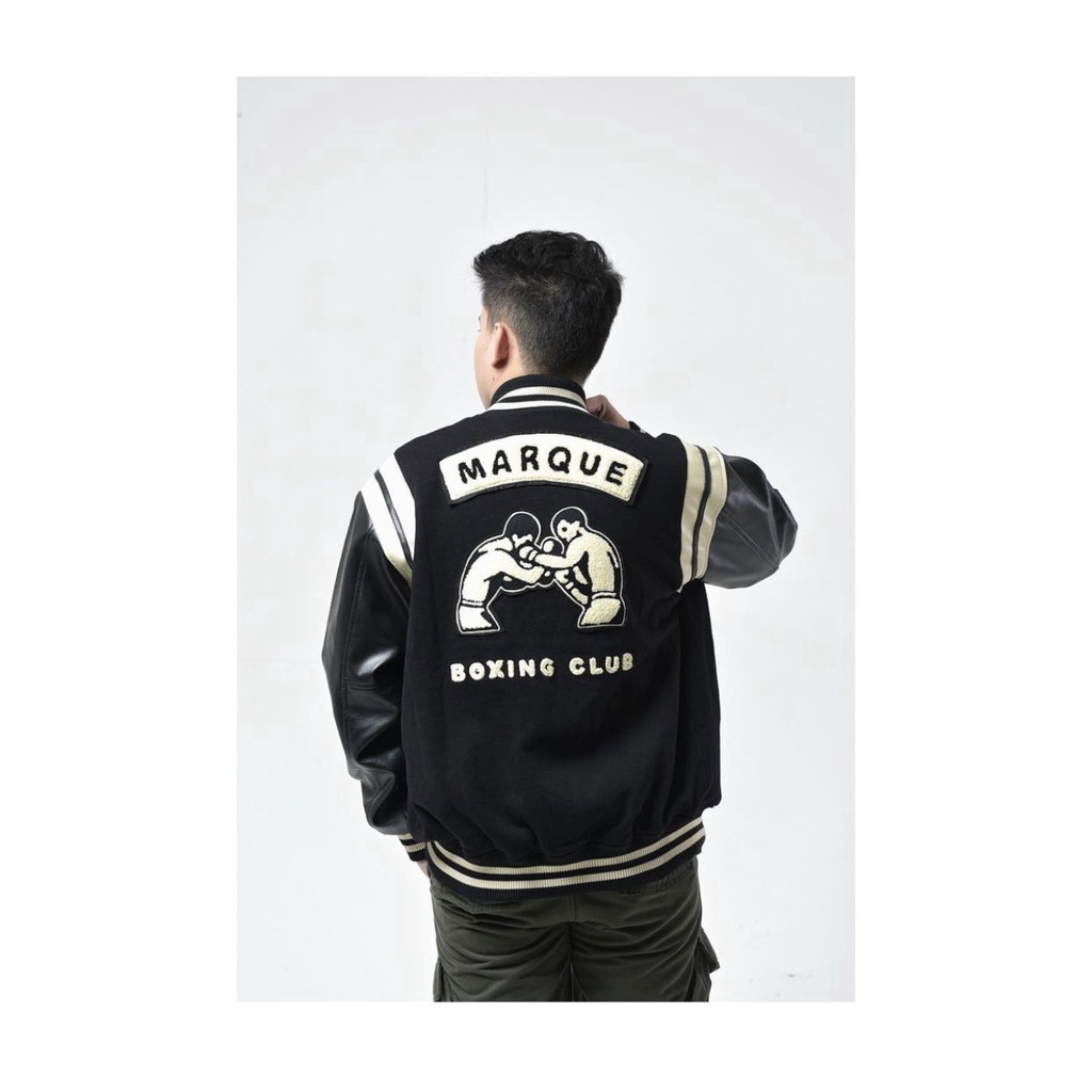 MARQUE.CO BOXING CLUB VARSITY JACKET, dengan Material Terbaik, Bordir Handuk Towel Embroidery, Leather, Warna Hitam, Untuk Pria &amp; Wanita