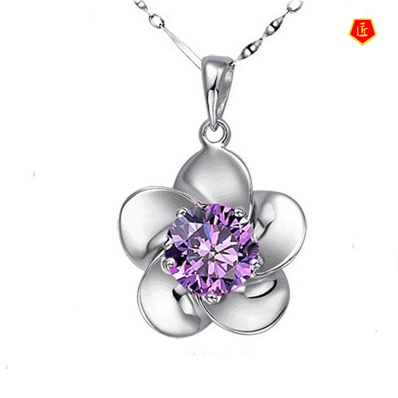 [Ready Stock]Silver Necklace Women's Plum Crystal Pendant Simple Fashion Elegant