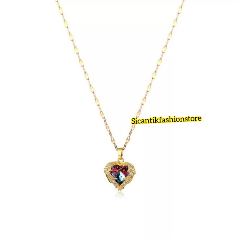 Kalung Wanita Titanium Liontin Love Permata Kristal 18k Gold  Anti Karat selamanya Kalung Titanium Wanita Terbaru Terlaris Mewah Liontin Love Kristal