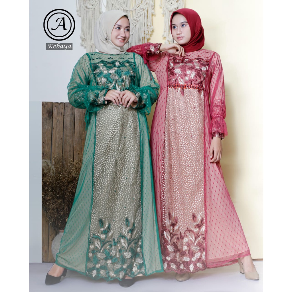 Gamis Asyifa , Tille Full Bordir Two Tone , Combi Tile Dot , Fashion Muslim Terbaru , Free Masker.