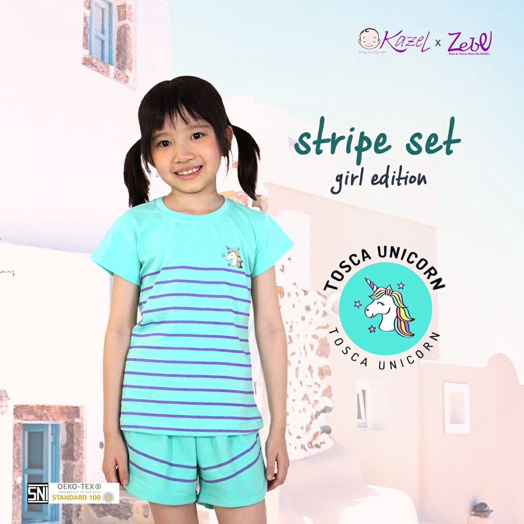 Kazel x Zebe S - 9 Tahun Stripe Set Girl Edition Setelan Baju Anak Perempuan Motif Garis CBKS P100