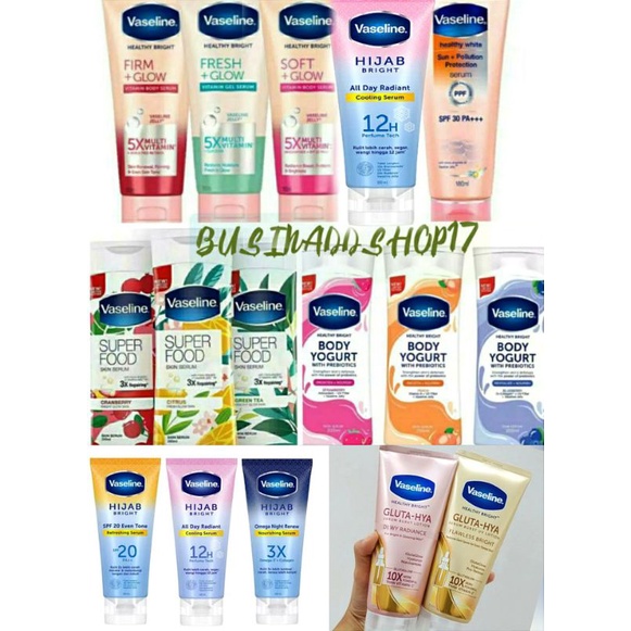 Vaseline Serum Gluta Hya Hijab Soft Firm Fresh Hand Body Lotion Yogurt Superfood Sunblock Greentea C