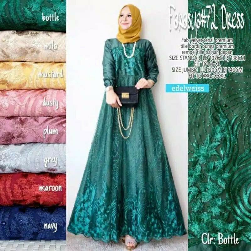 FARASYA (ADA JUMBO) GAMIS BROKAT FARASYA JUMBO  LD 120 DAN STANDAR LD 102 CM GAMIS TILE BORDIR MUTIARA GAMIS PESTA-HIJAU BOTOL