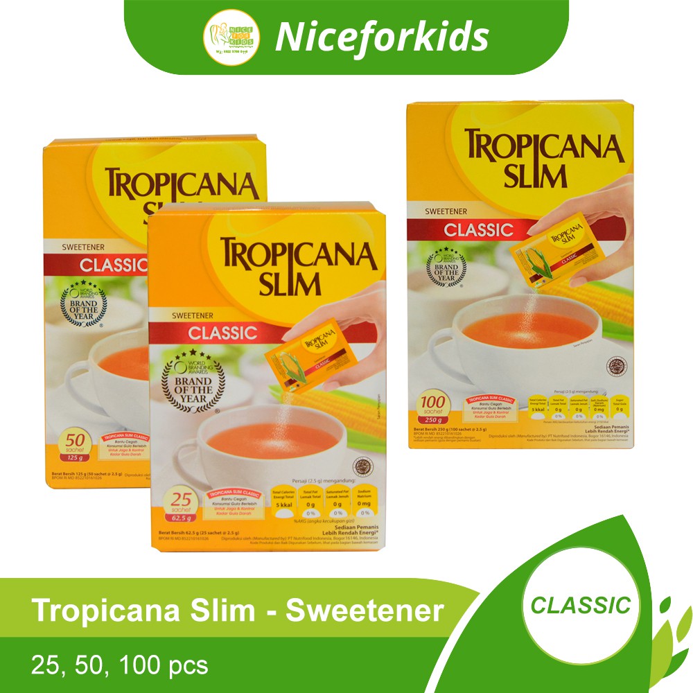 Tropicana Slim Sweetener Classic Kemasan Box isi 25pcs, 50pcs, 100pcs @ sachet 2.5 gr