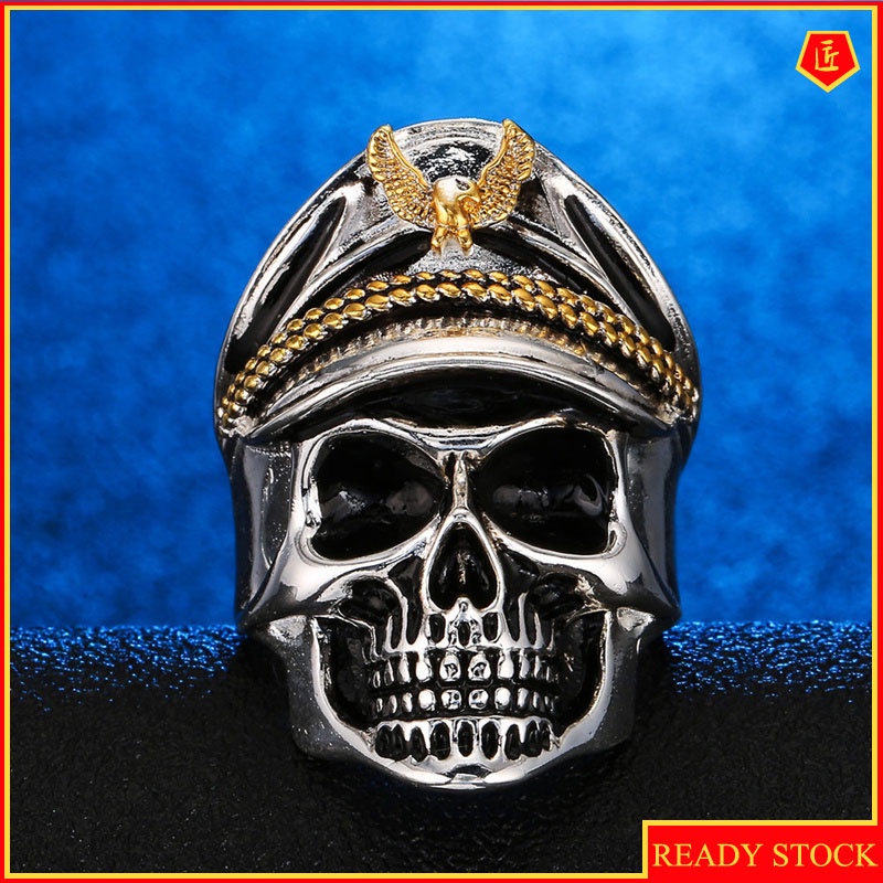 [Ready Stock]Retro Personalized Silver Black Skull Ring