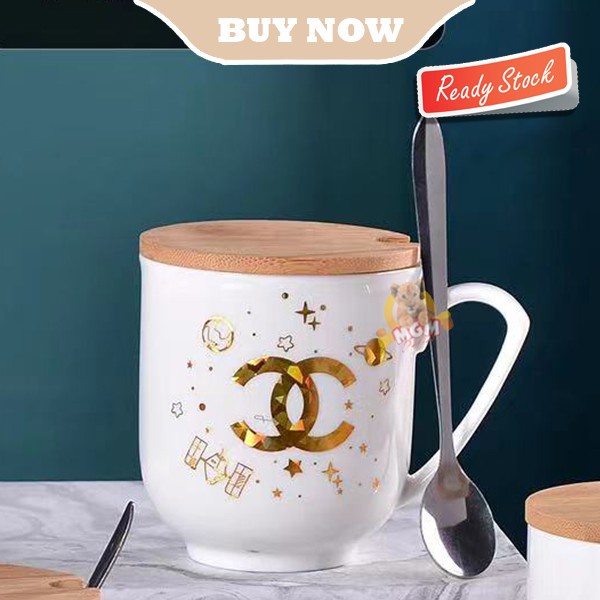 Gelas Branded Keramik Mug designer GOLD dengan Tutup dan Sendok