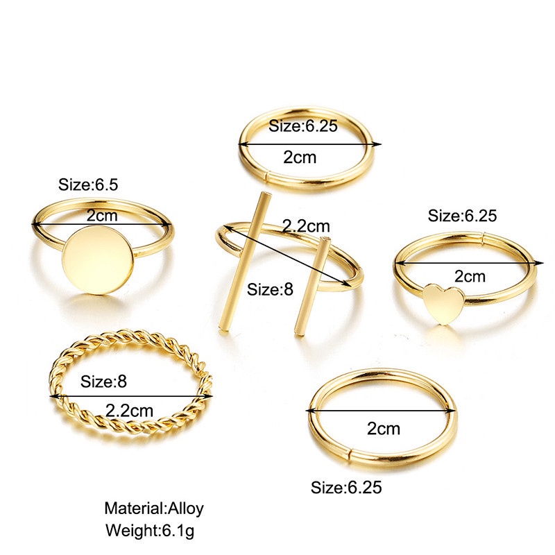 6pcs / Set Cincin Bentuk Hati Geometris Gaya Simple Untuk Wanita