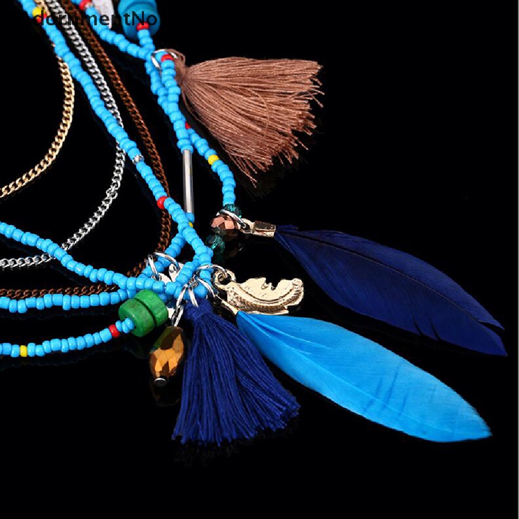 (AdornmentNo1) Kalung Rantai Banyak Lapis Dengan Liontin Bulu + Rumbai Warna-Warni Boho Untuk Wanita