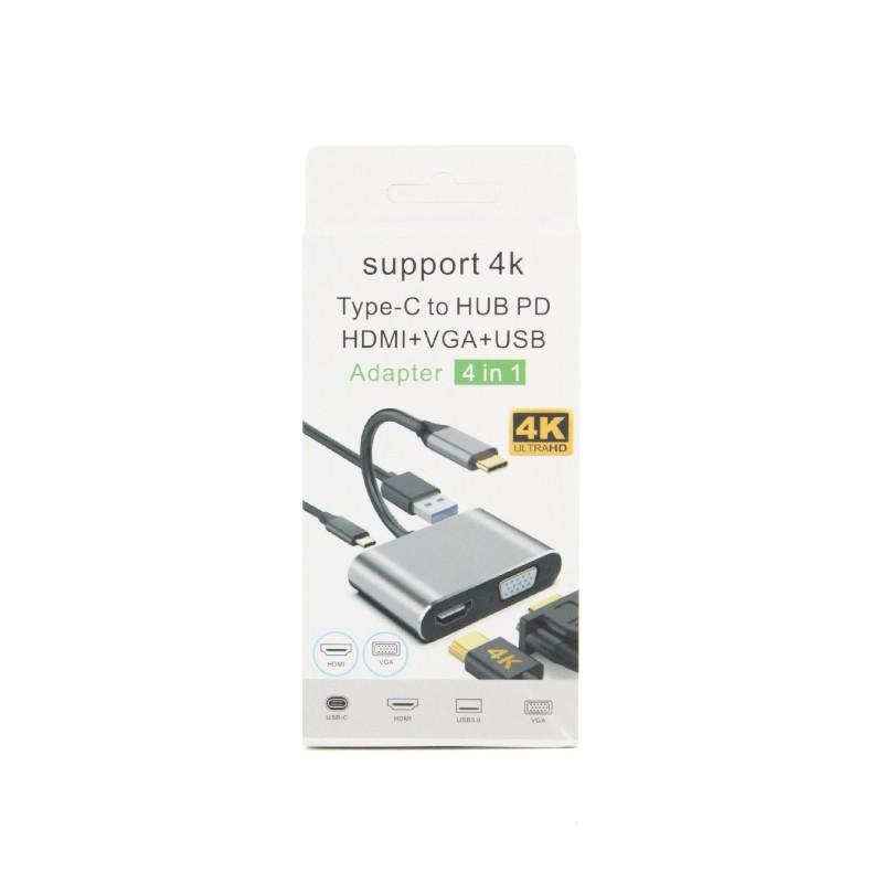 KONEKTOR TYPE-C TO HDMI WITH PORT CHARGER TYPE C | CONVERTER TYPE-C TO HDMI TO VGA + PORT USB 3.0 4 IN 1 - TEKNO KITA