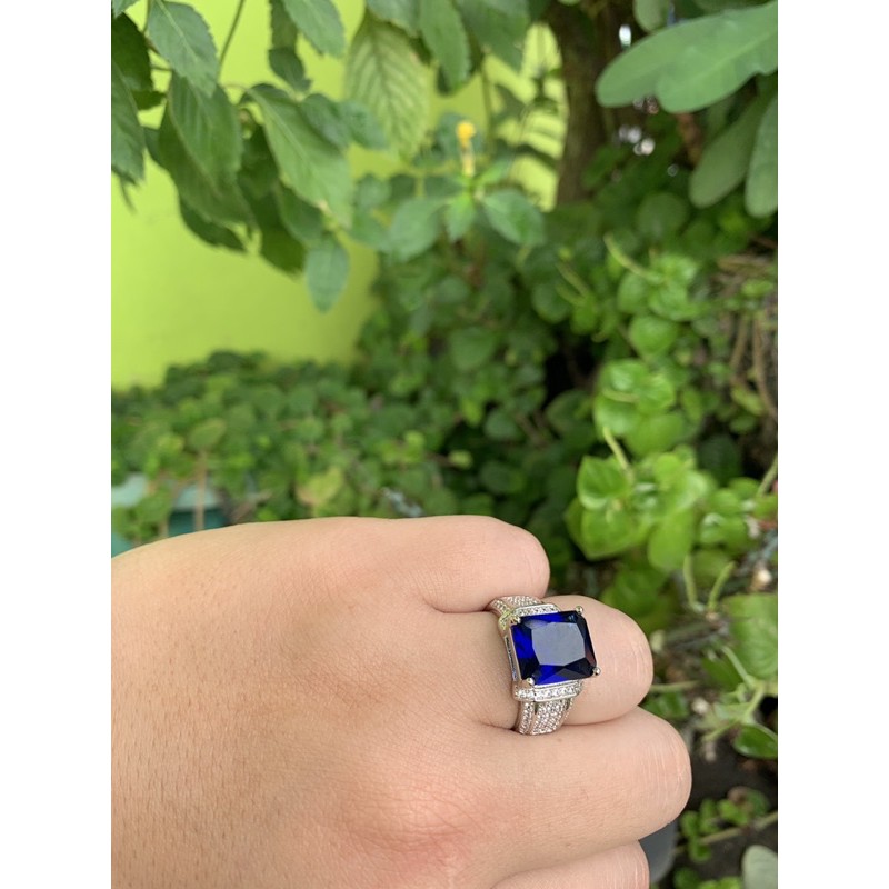 Cincin Pria Perak Blue Saphire Elegan Mewah Berkelas Safir Biru