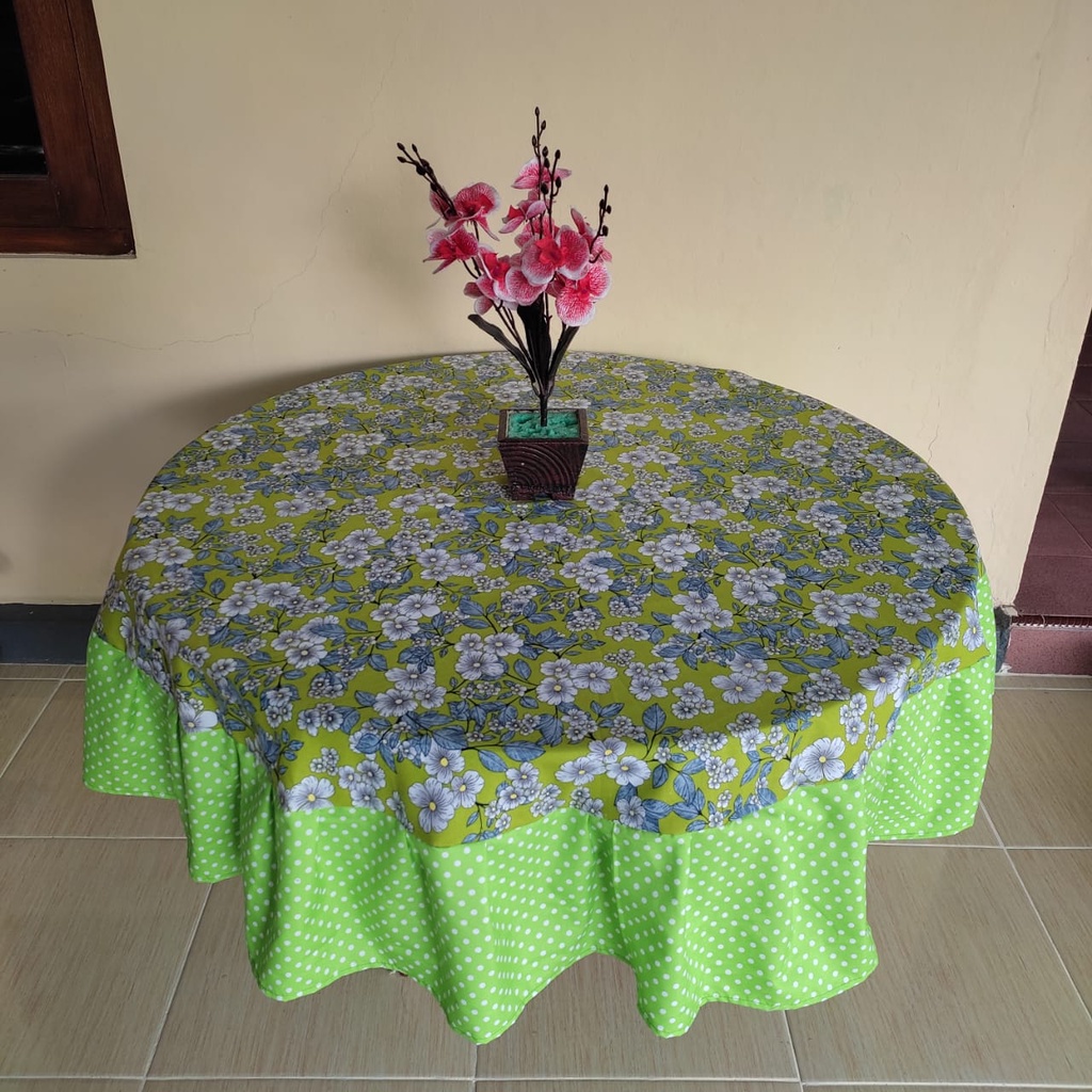 Taplak Alas Cover Meja Bentuk Bulat Kain Katun Model Rumbai Diameter 150 cm Aneka motif Dan Warna Dekorasi Rumah Minimalis