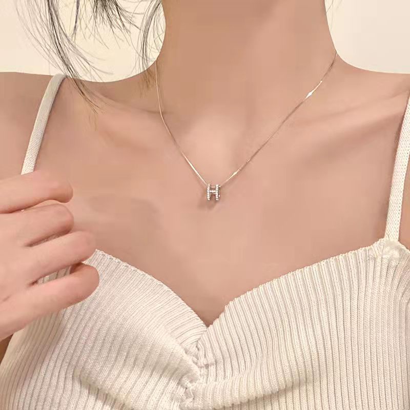 Huruf H Kalung Liontin S925 Perak Emas Berlian Zirkon Untuk Perhiasan Fashion Wanita Ckoker Necklace