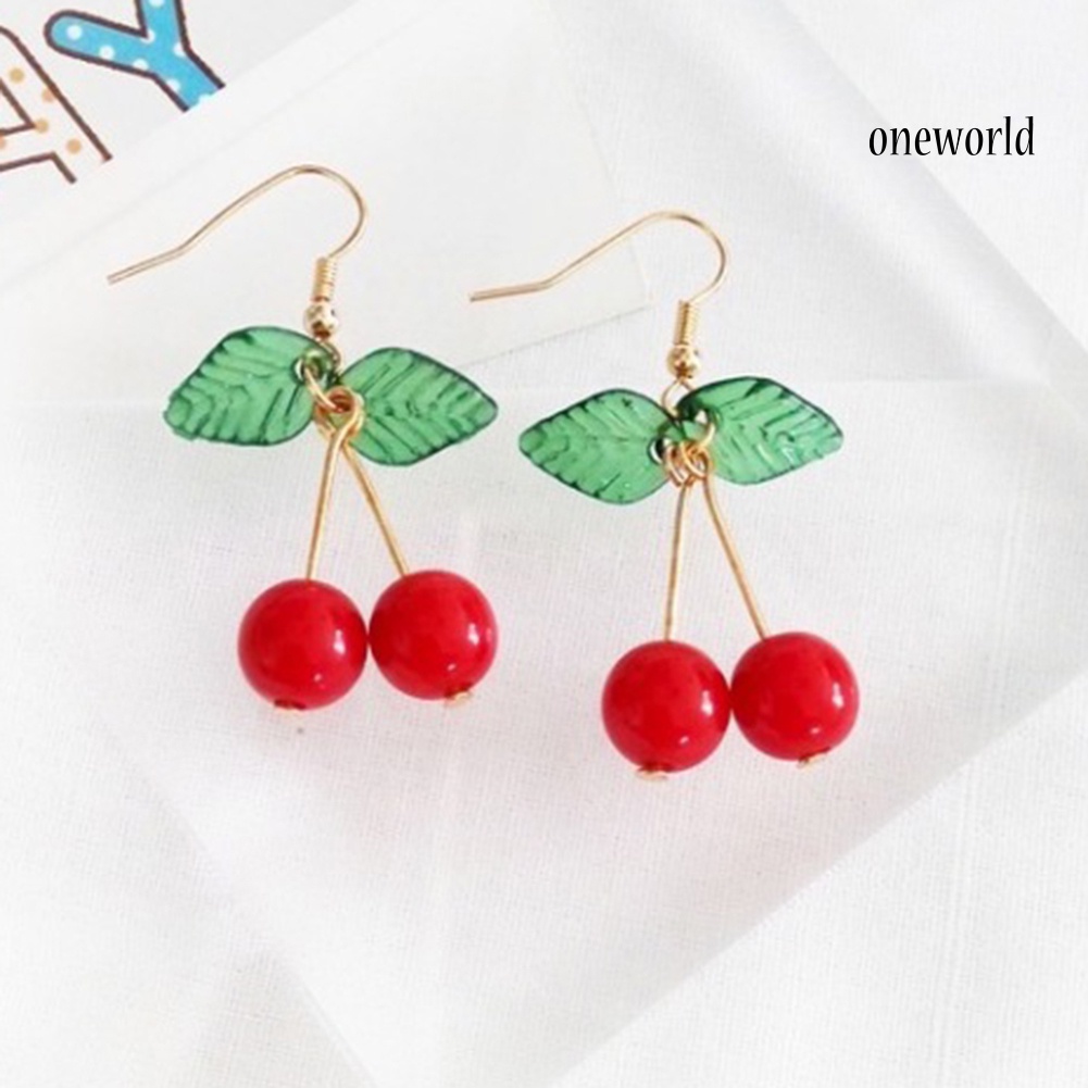 OW@ Sweet Fruit Green Leaf Red Cherry Dangle Women Ear Hook Clip Earrings Jewelry