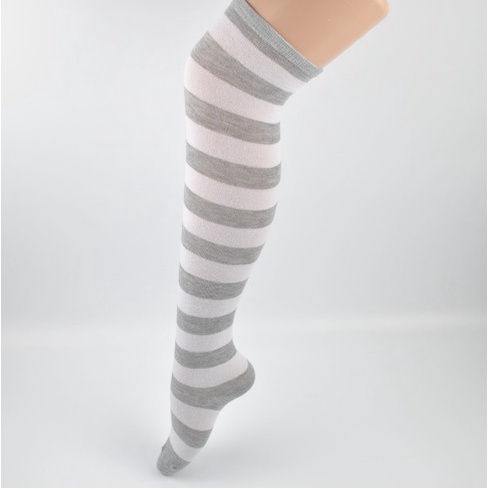 Kaos Kaki Wanita Over Knee Socks Kaos Kaki Sepaha Motif Belang-Belang Kaos Kaki Panjang-White and Grey