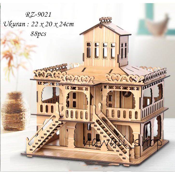 Hawaii Shop Puzzle 3D DIY bahan MDF dilapisin vynil European Style Villas mainan puzzle edukasi anak (kado &amp; pajan